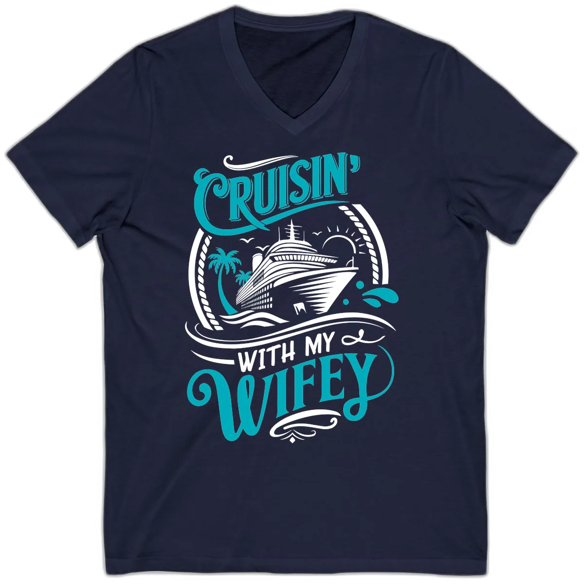 Cruisin With My Wifey Cruise Design V-Neck in Navy