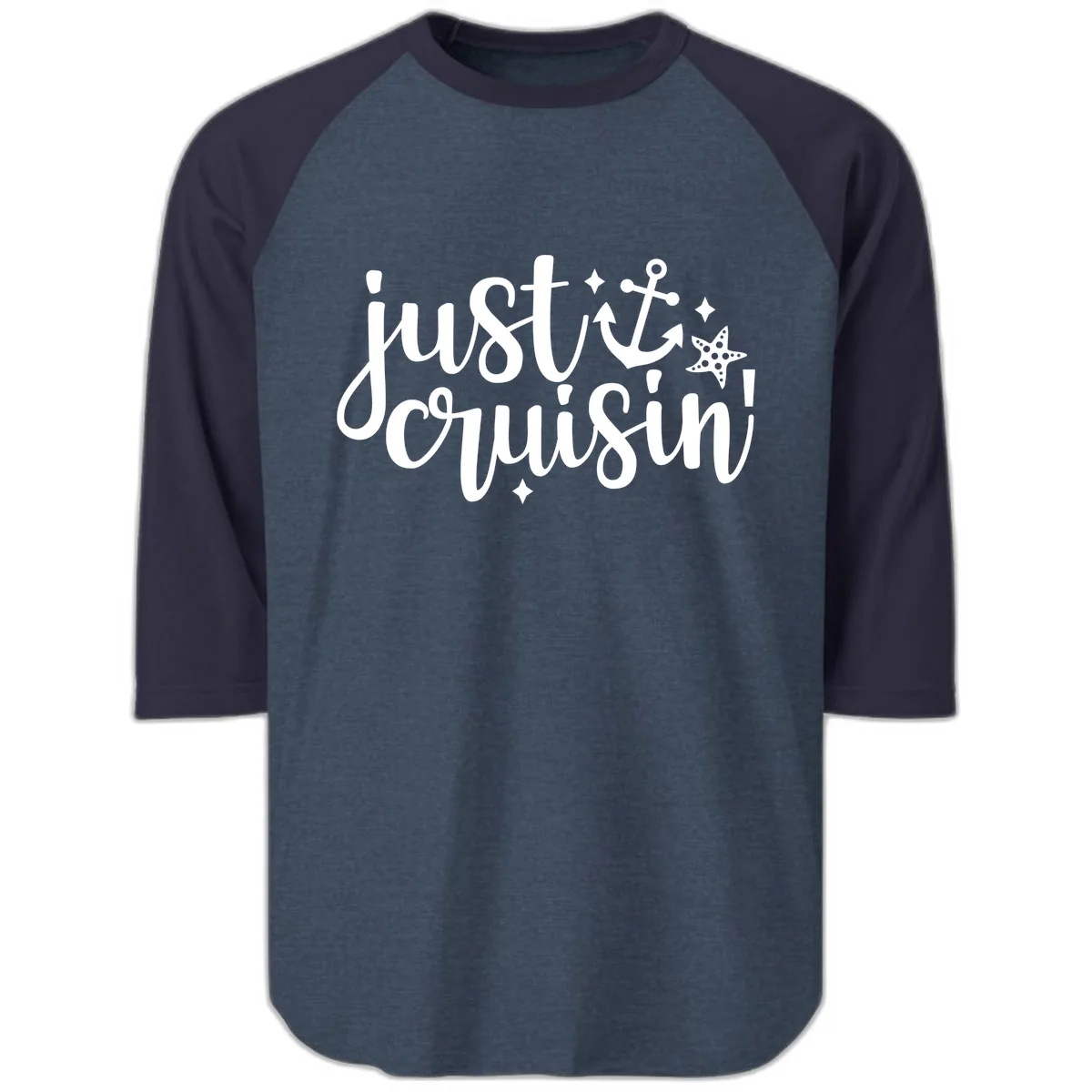 Just Cruisin' Anchor and Starfish Raglan 3/4 in Heather Denim Navy