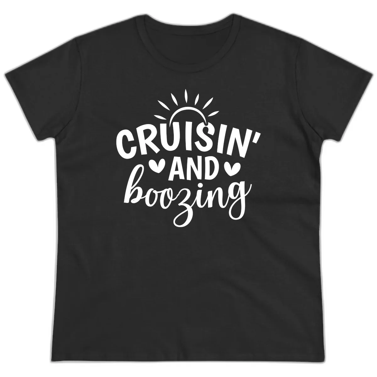Cruisin And Boozing Sun Design Ladies Tee in Black
