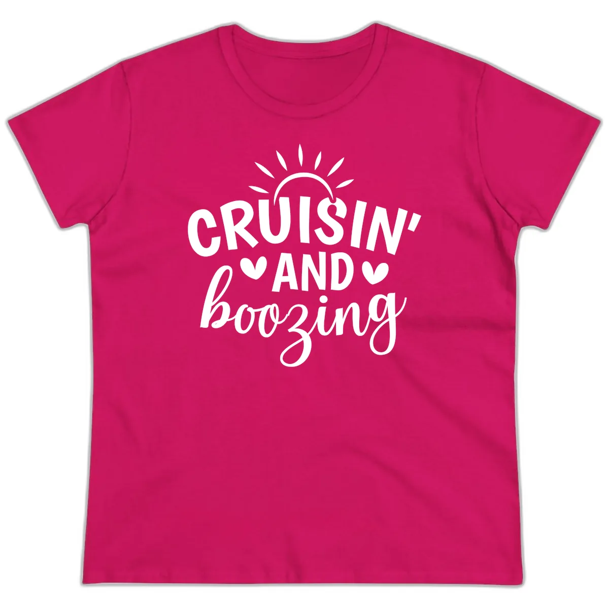 Cruisin And Boozing Sun Design Ladies Tee in Heliconia