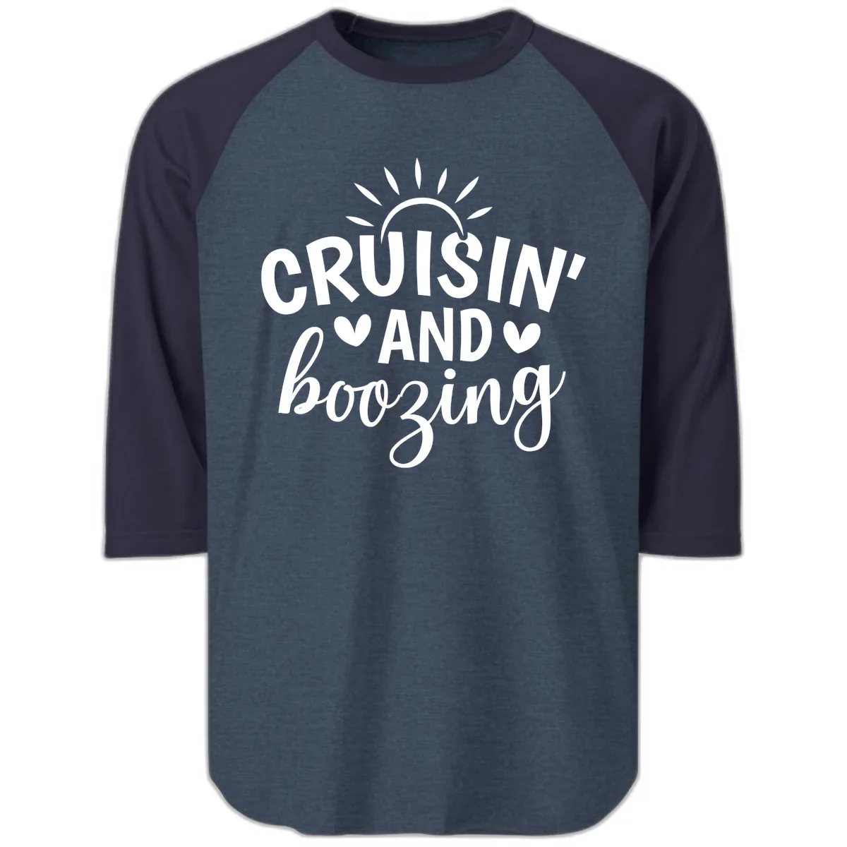 Cruisin And Boozing Sun Design Raglan 3/4 in Heather Denim Navy