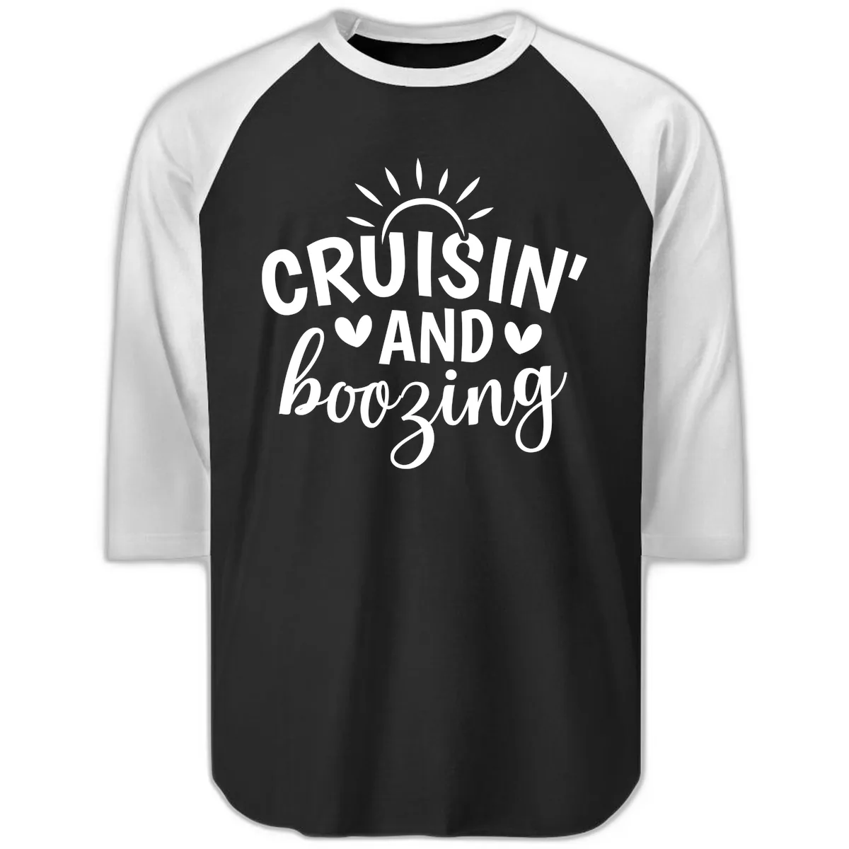 Cruisin And Boozing Sun Design Raglan 3/4 in Black White