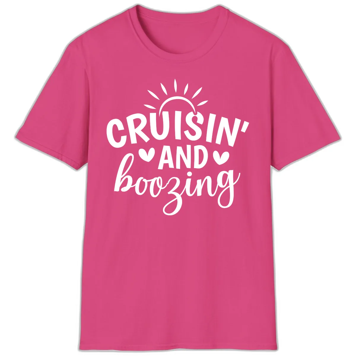 Cruisin And Boozing Sun Design T-Shirt in Heliconia