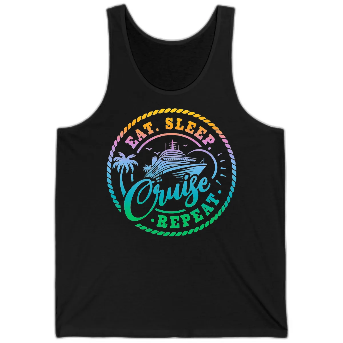 Eat Sleep Cruise Repeat Design Tank in Black