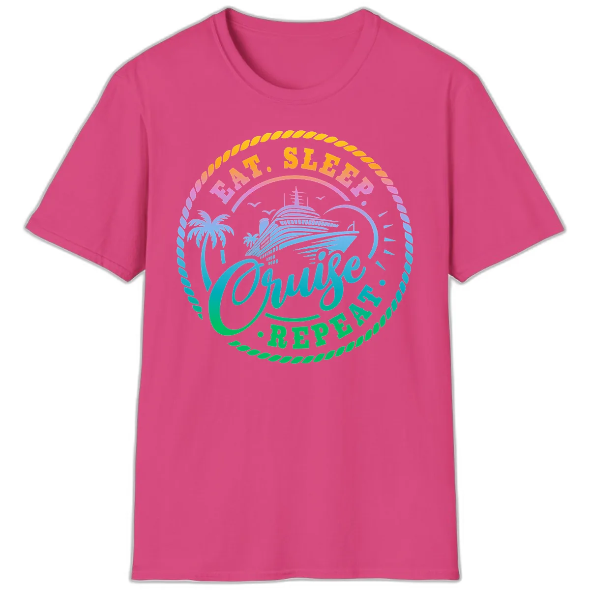 Eat Sleep Cruise Repeat Design T-Shirt in Heliconia