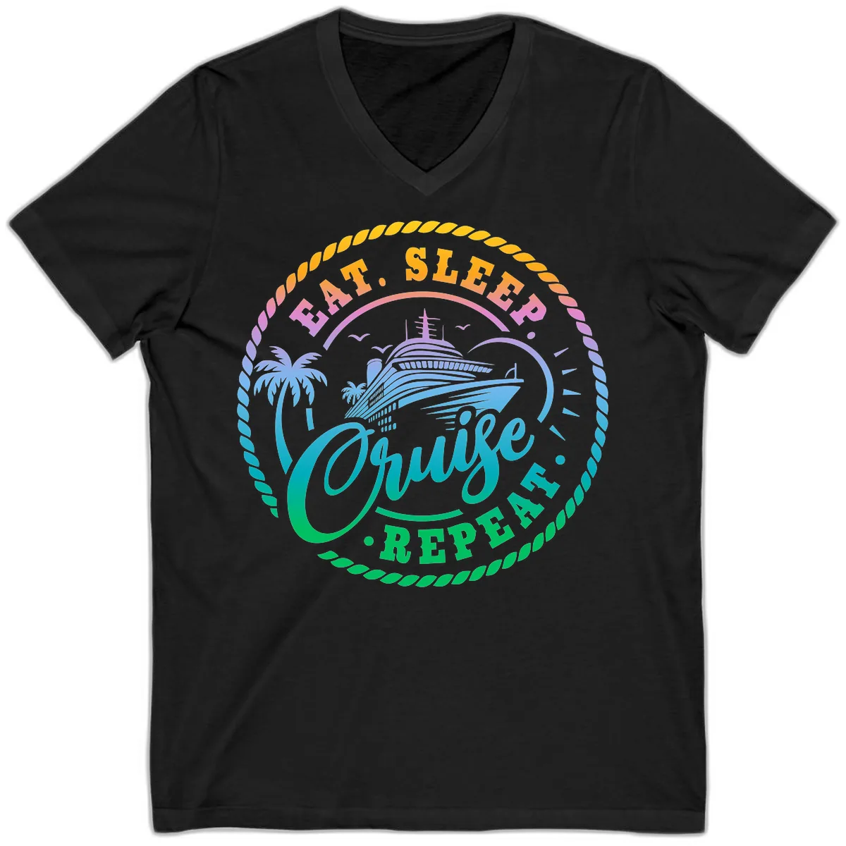 Eat Sleep Cruise Repeat Design V-Neck in Black
