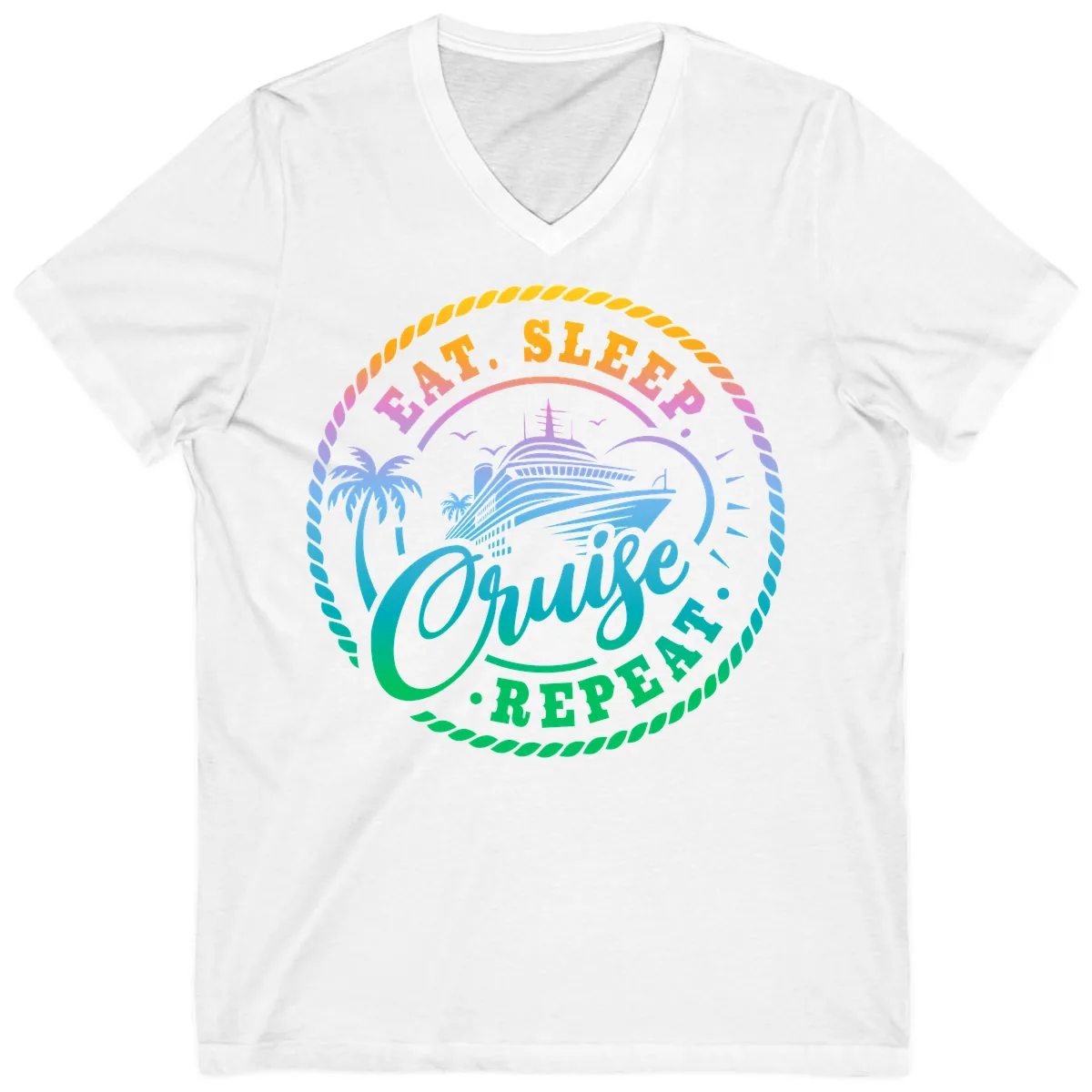 Eat Sleep Cruise Repeat Design V-Neck in White