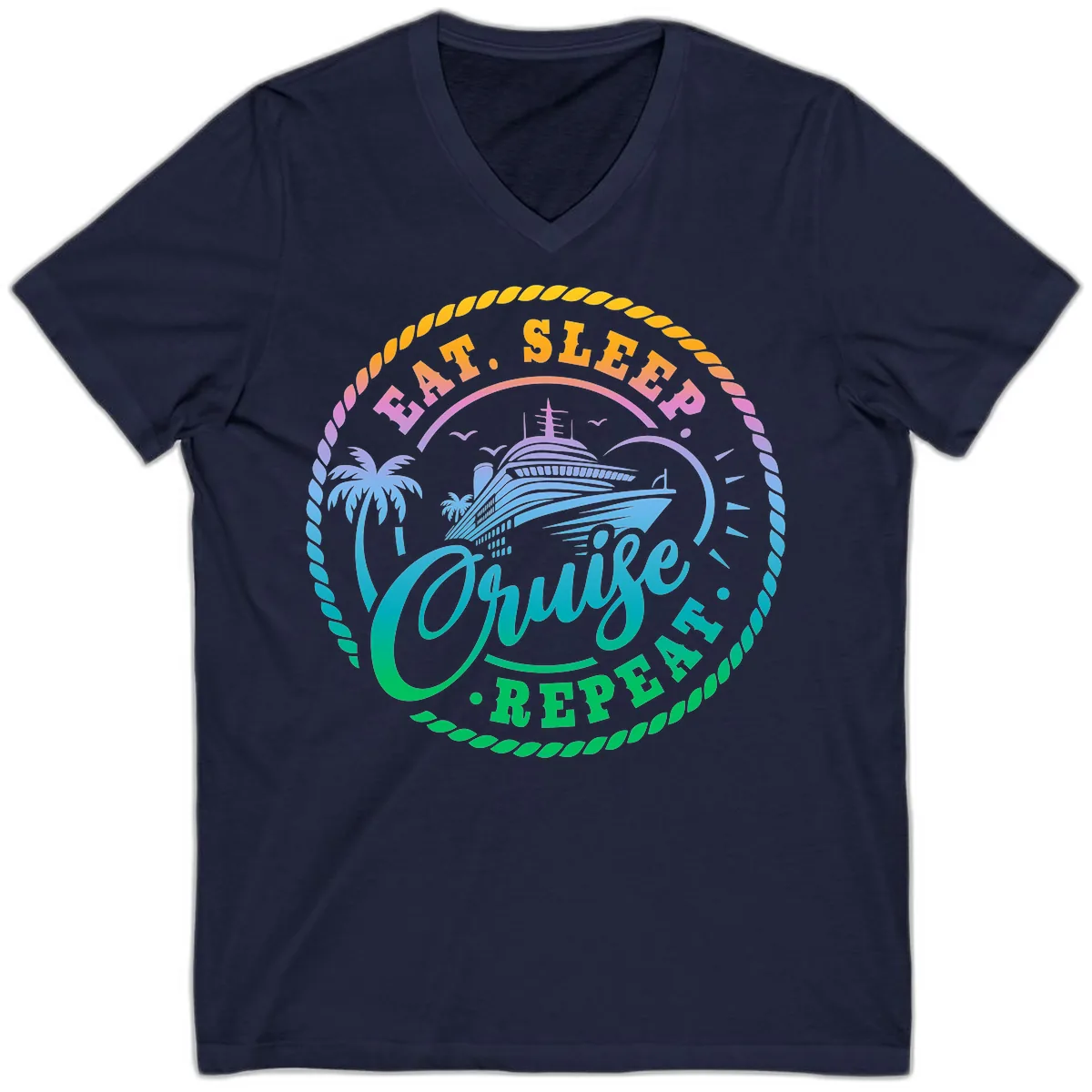 Eat Sleep Cruise Repeat Design V-Neck in Navy