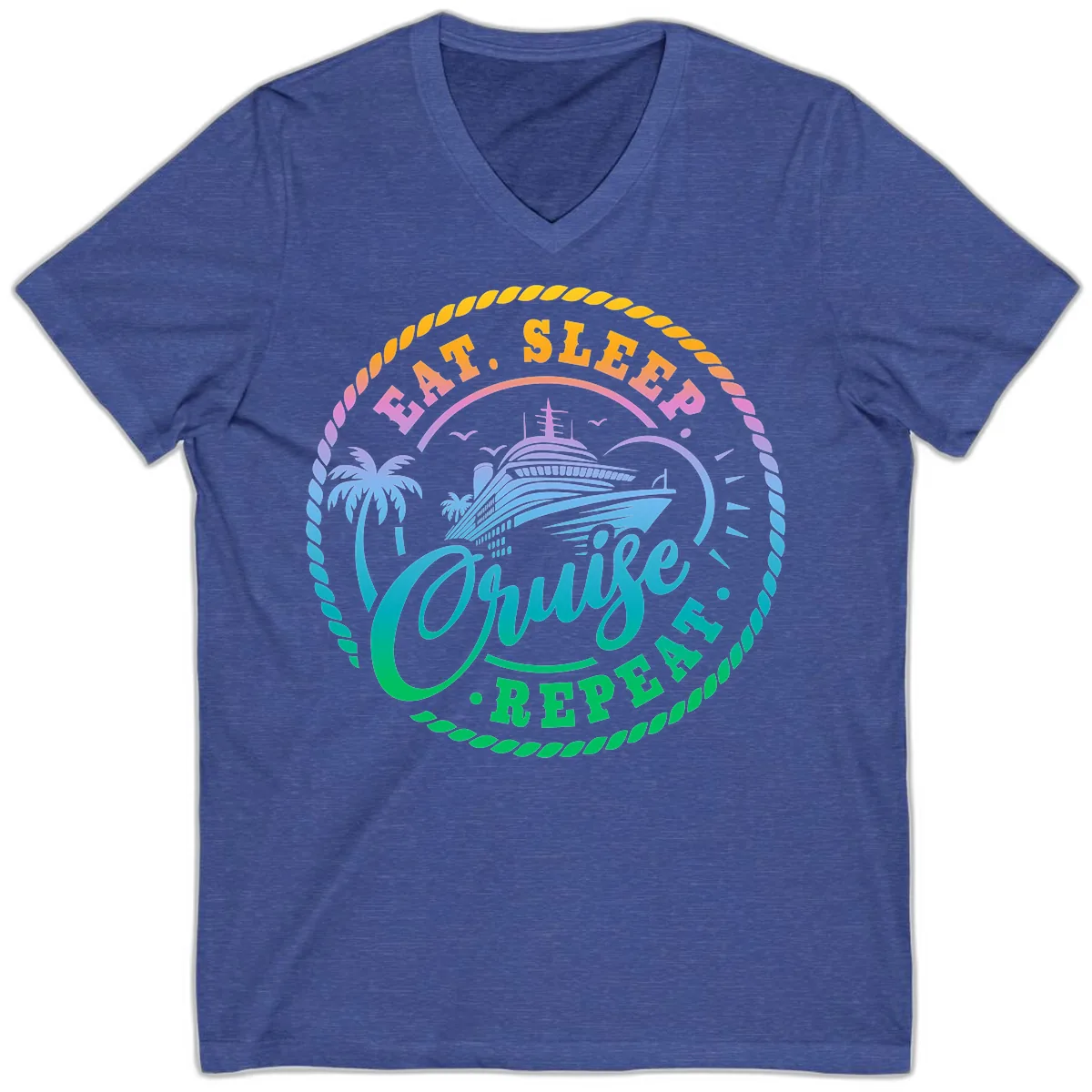 Eat Sleep Cruise Repeat Design V-Neck in Heather True Royal