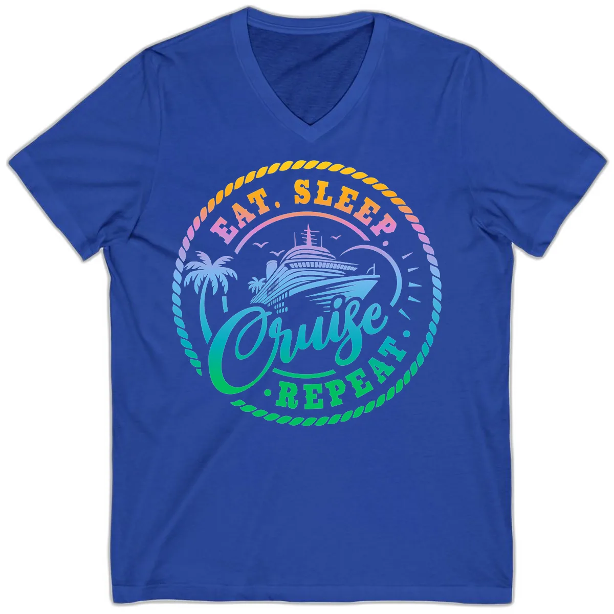 Eat Sleep Cruise Repeat Design V-Neck in True Royal