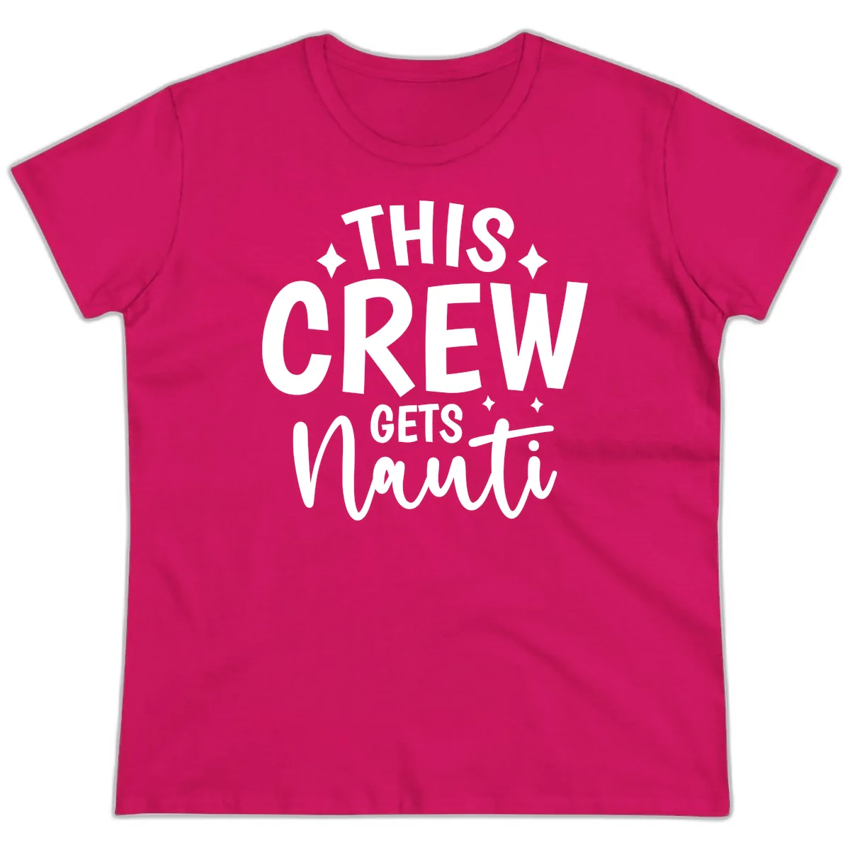 This Crew Gets Nauti Funny Cruise Shirt Ladies Tee in Heliconia