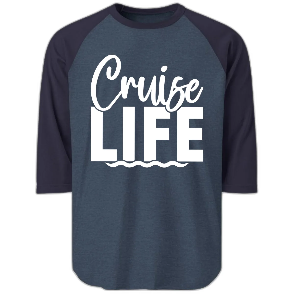 Cruise Life Typography Design Raglan 3/4 in Heather Denim Navy