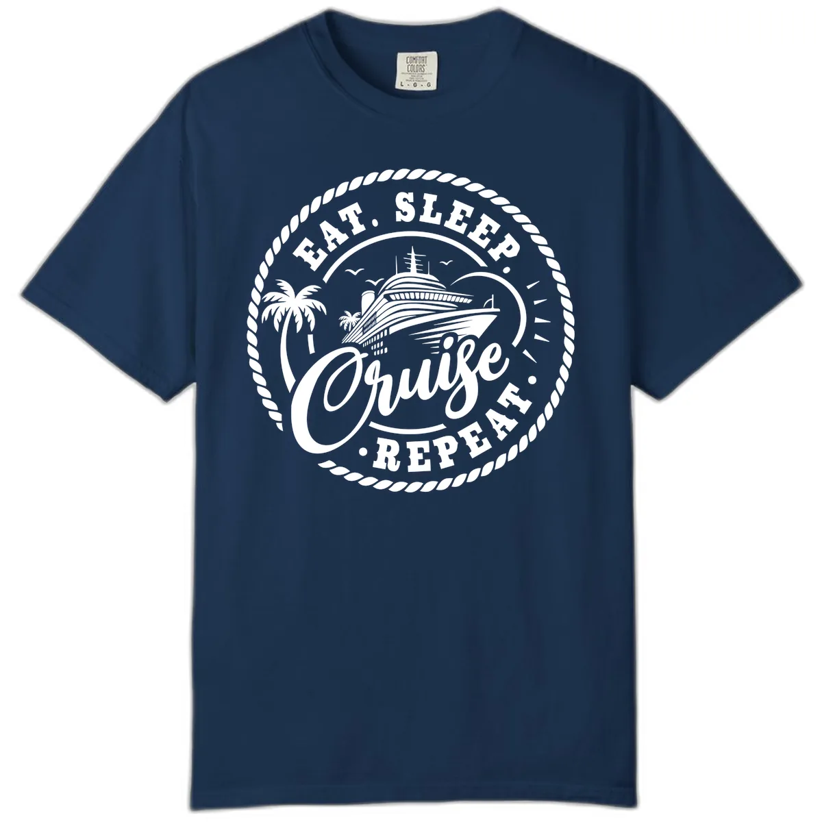 Eat Sleep Cruise Repeat Stamp Comfort Color in Navy