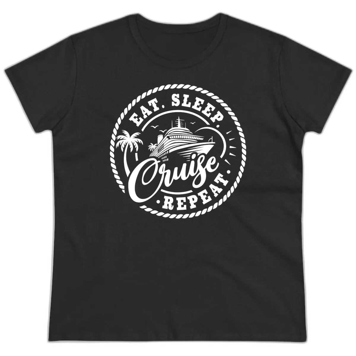 Eat Sleep Cruise Repeat Stamp Ladies Tee in Black