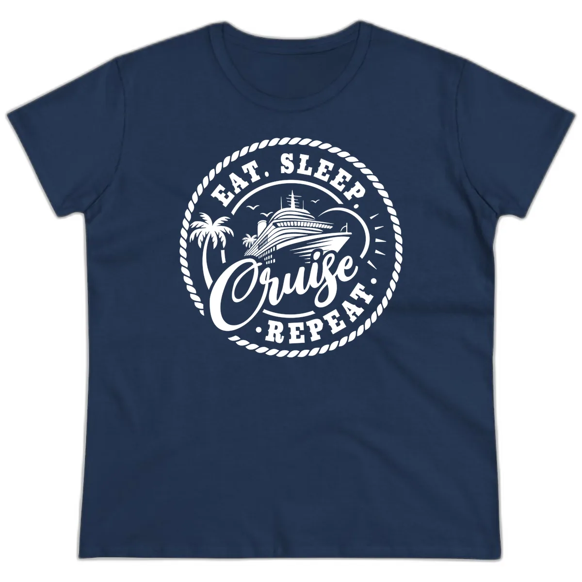 Eat Sleep Cruise Repeat Stamp Ladies Tee in Navy