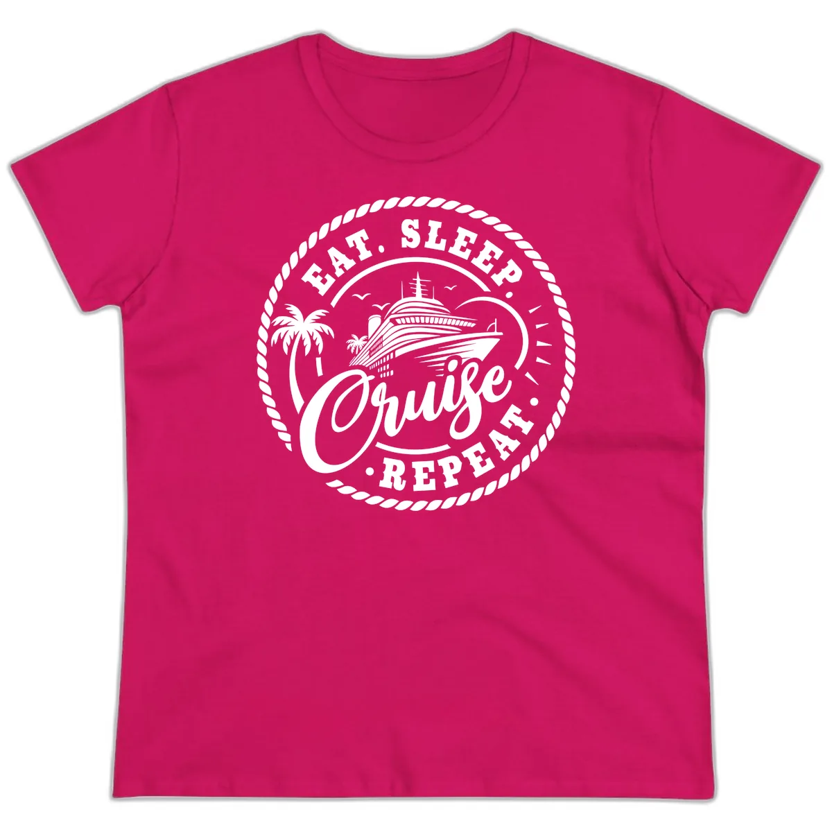 Eat Sleep Cruise Repeat Stamp Ladies Tee in Heliconia