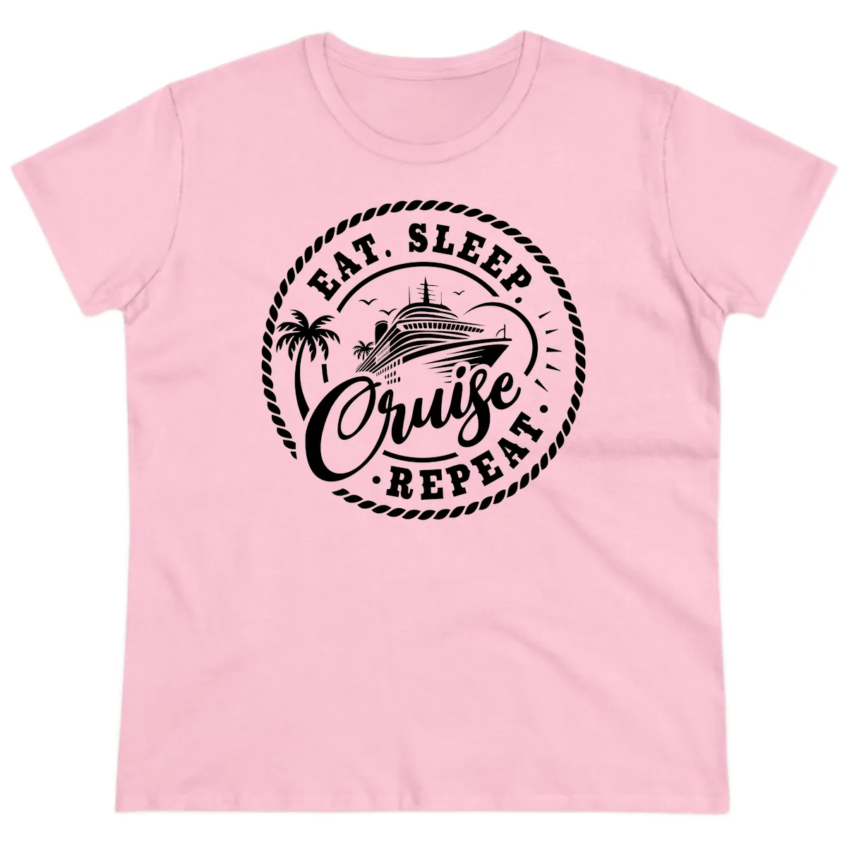 Eat Sleep Cruise Repeat Stamp Ladies Tee in Light Pink