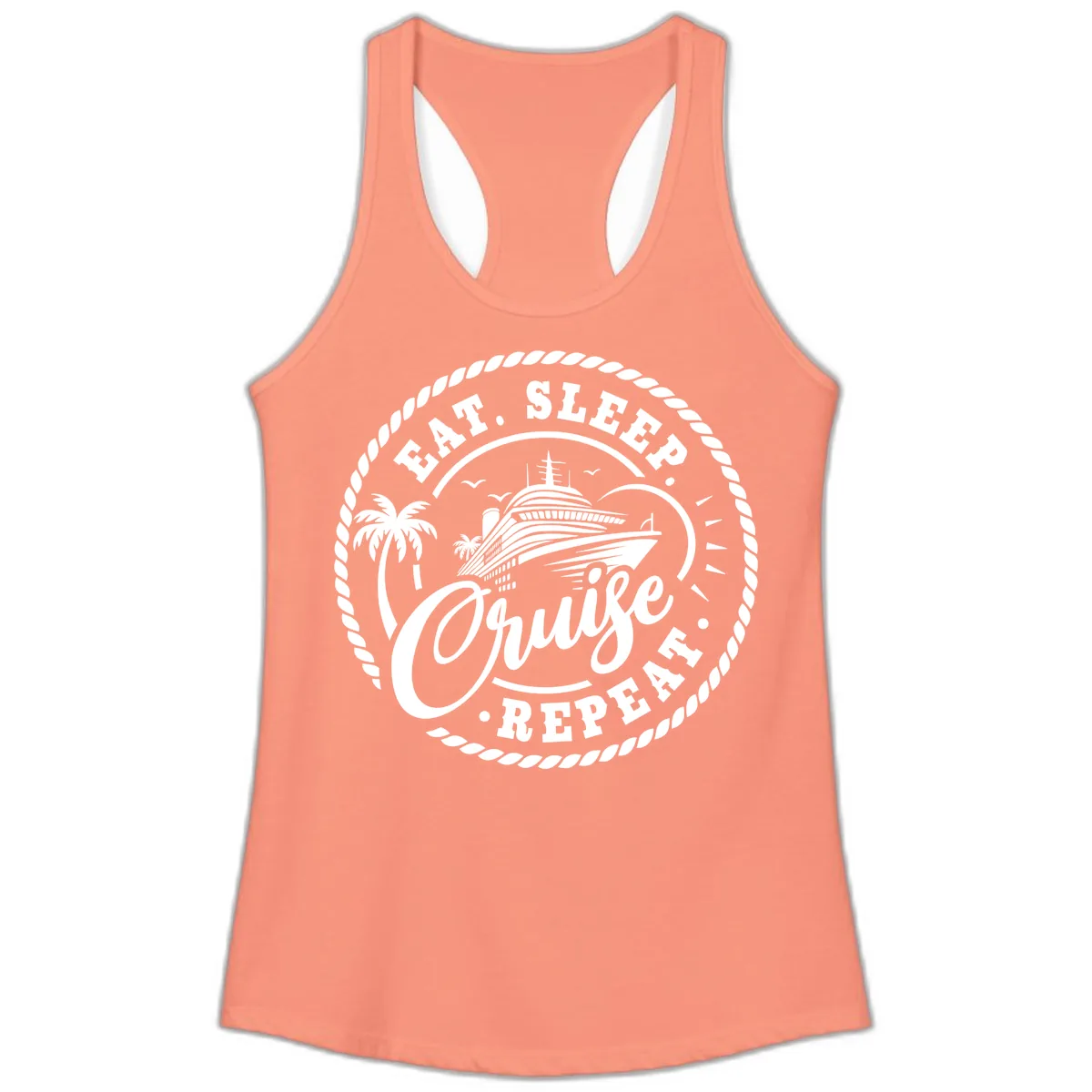 Eat Sleep Cruise Repeat Stamp Ladies Tank in Solid Light Orange