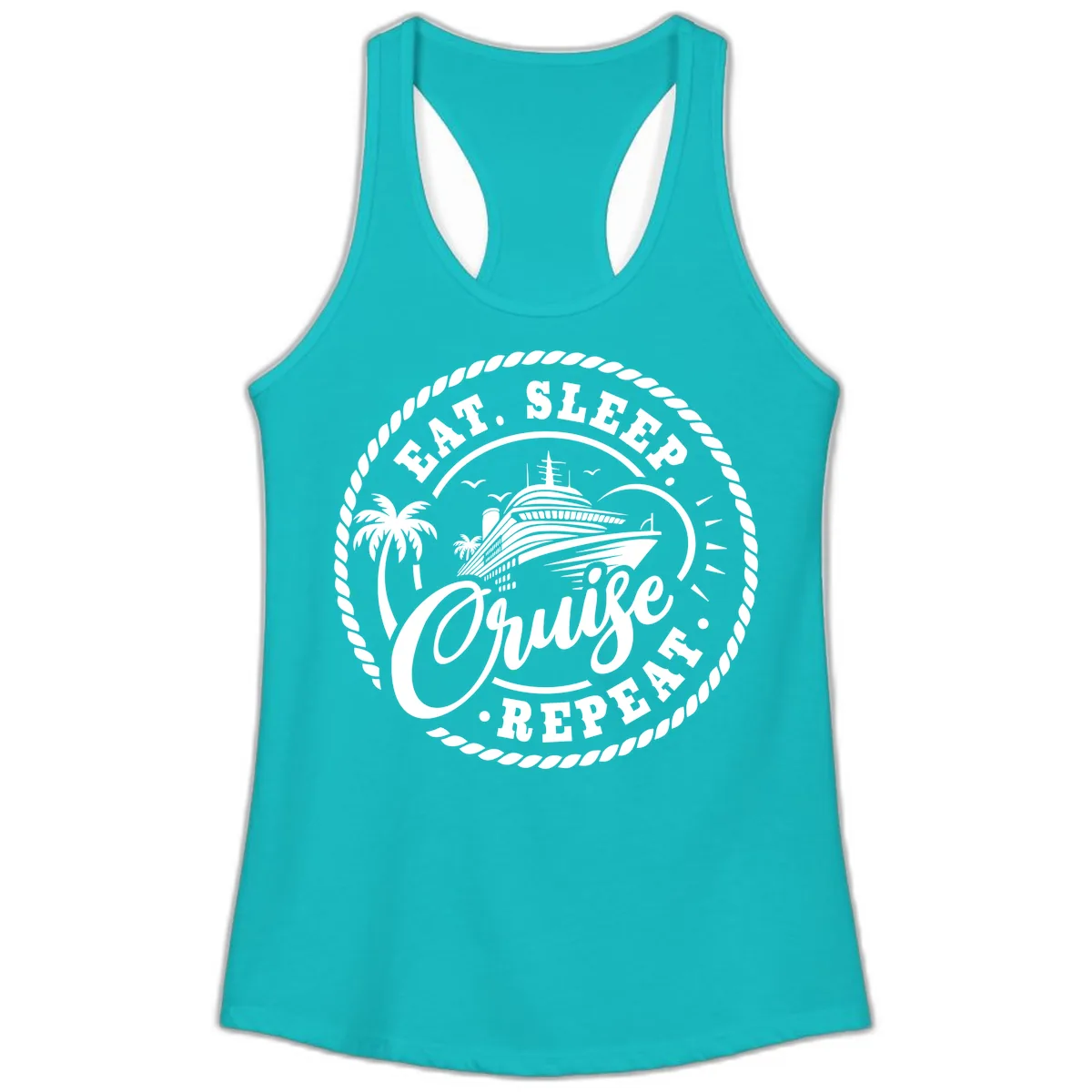 Eat Sleep Cruise Repeat Stamp Ladies Tank in Tahiti Blue