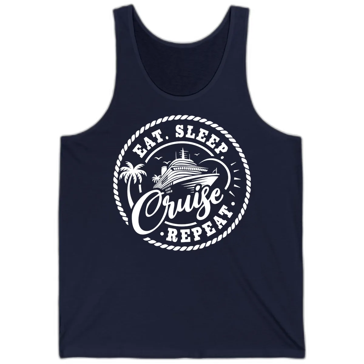 Eat Sleep Cruise Repeat Stamp Tank in Navy