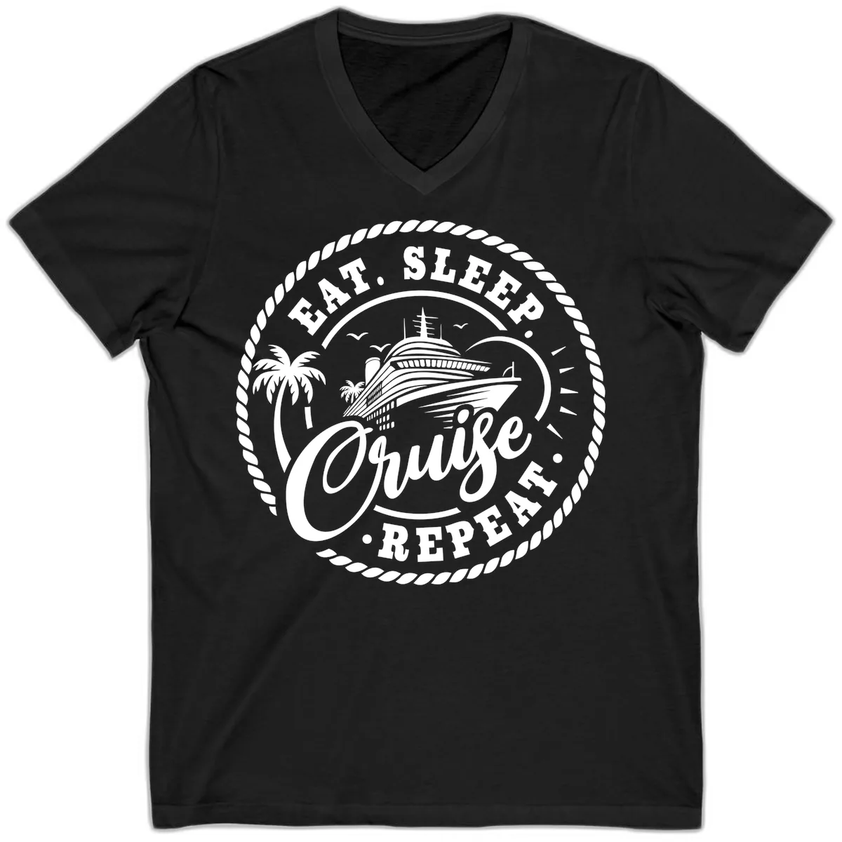 Eat Sleep Cruise Repeat Stamp V-Neck in Black