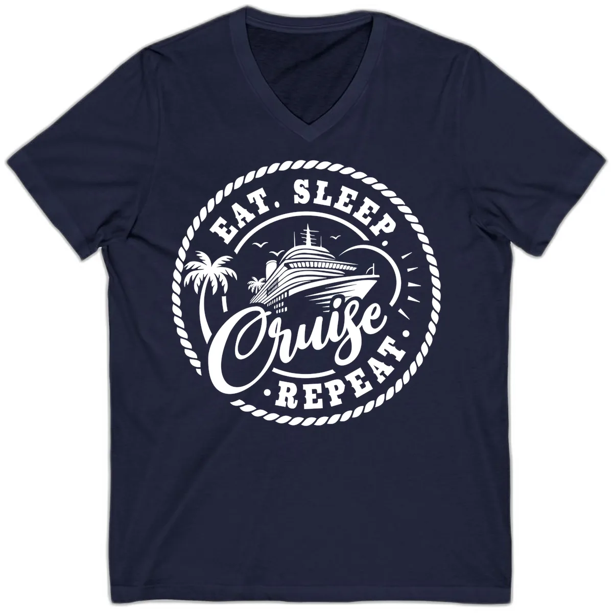 Eat Sleep Cruise Repeat Stamp V-Neck in Navy