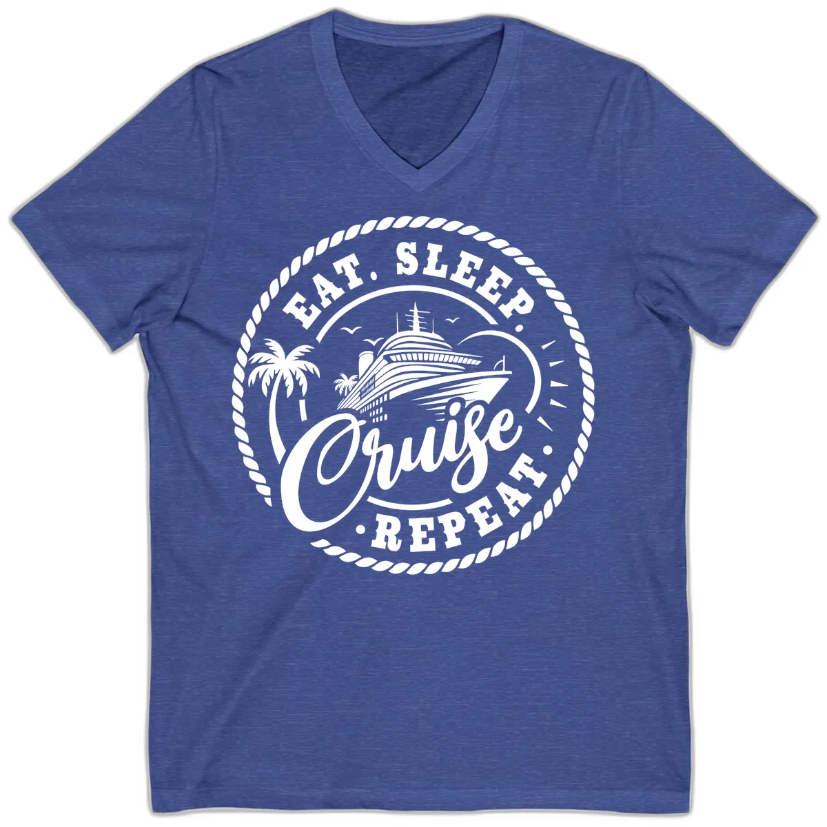 Eat Sleep Cruise Repeat Stamp V-Neck in Heather True Royal