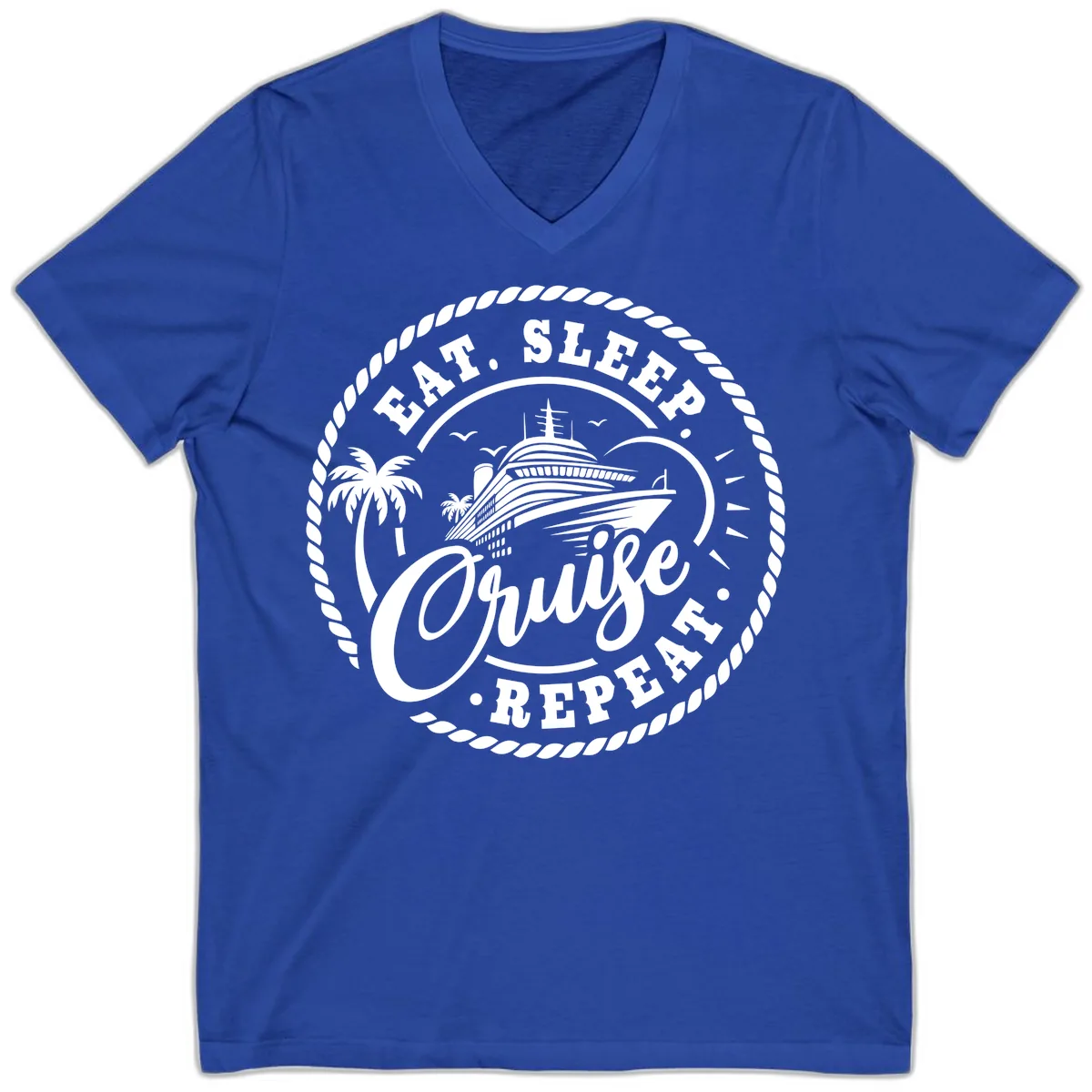 Eat Sleep Cruise Repeat Stamp V-Neck in True Royal