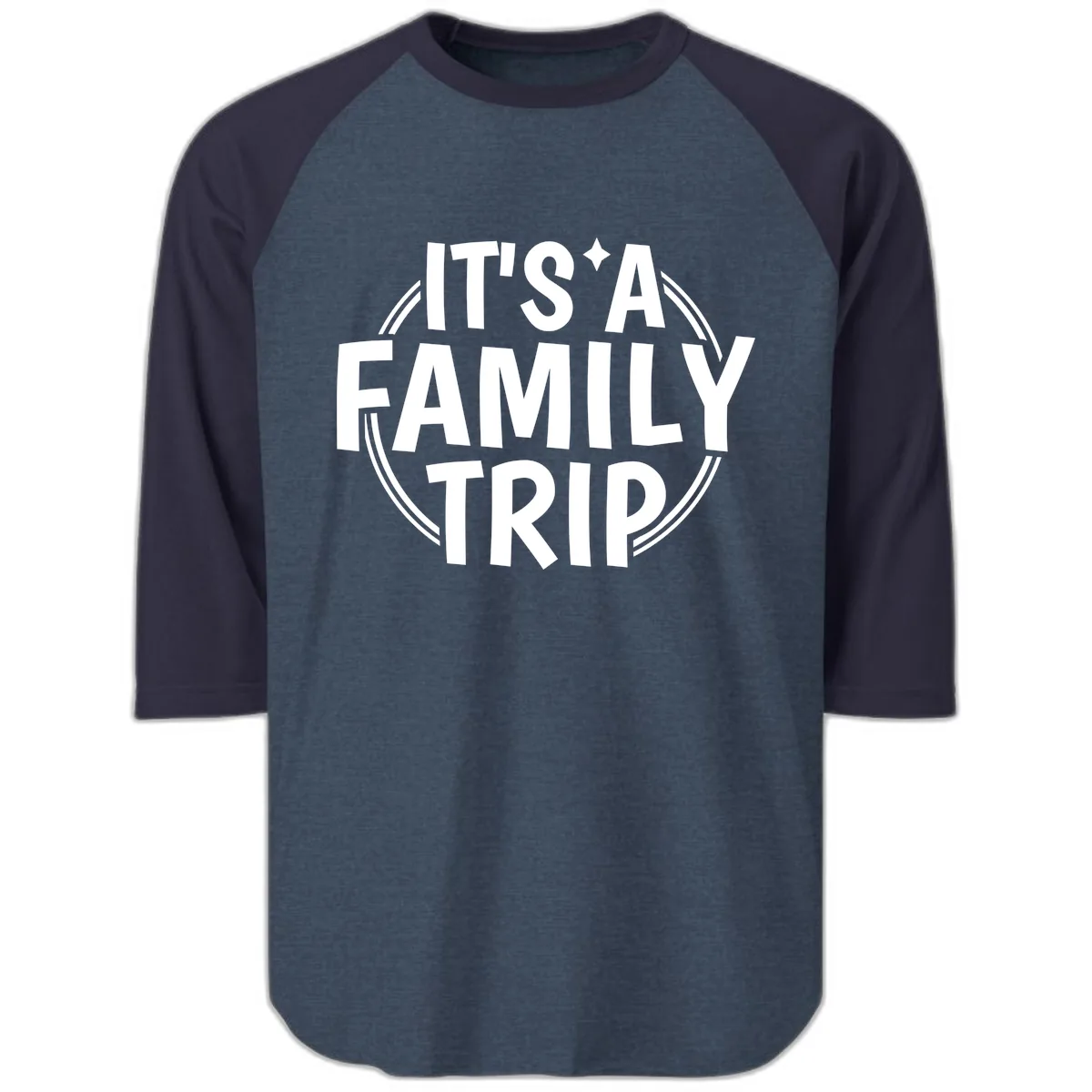 It's A Family Trip Announcement Raglan 3/4 in Heather Denim Navy