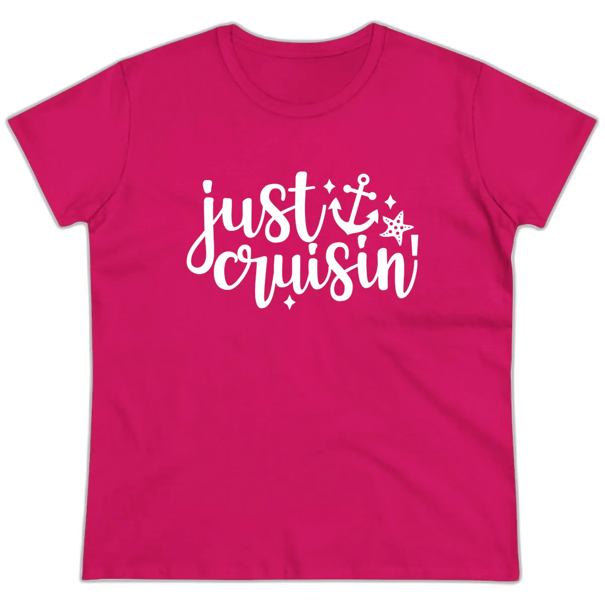 Just Cruisin' Anchor and Starfish Design Ladies Tee in Heliconia