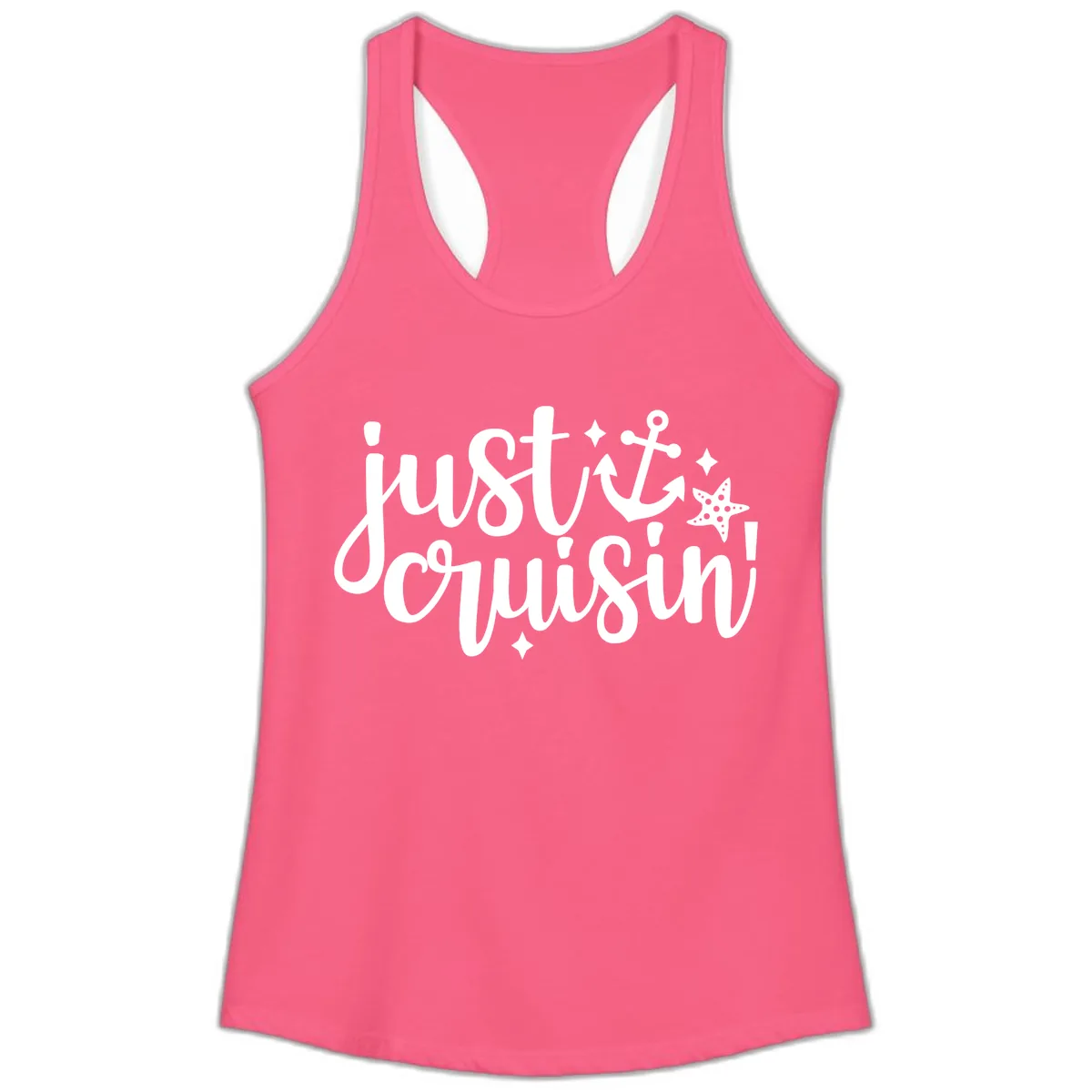 Just Cruisin' Anchor and Starfish Design Ladies Tank in Solid Hot Pink