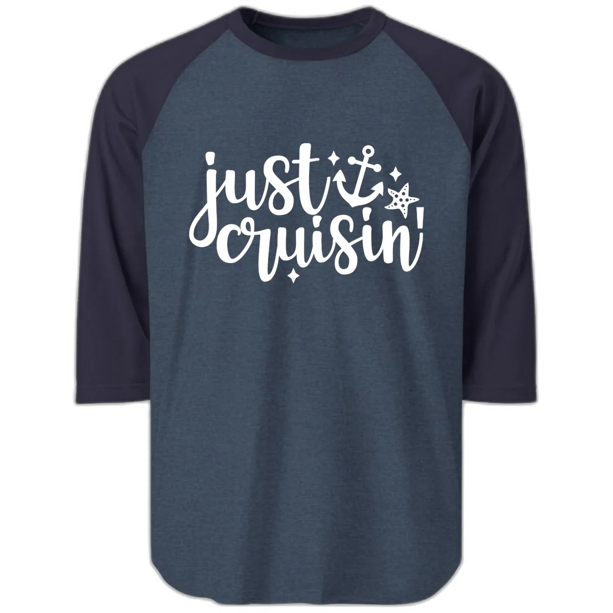 Just Cruisin' Anchor and Starfish Design Raglan 3/4 in Heather Denim Navy