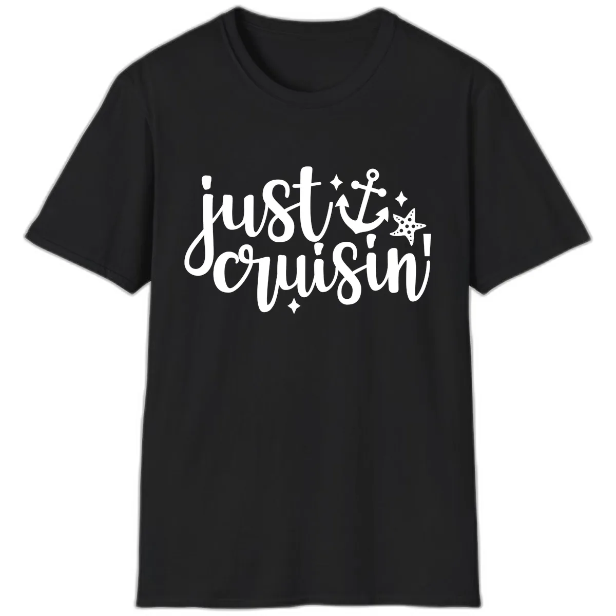 Just Cruisin' Anchor and Starfish Design T-Shirt in Black