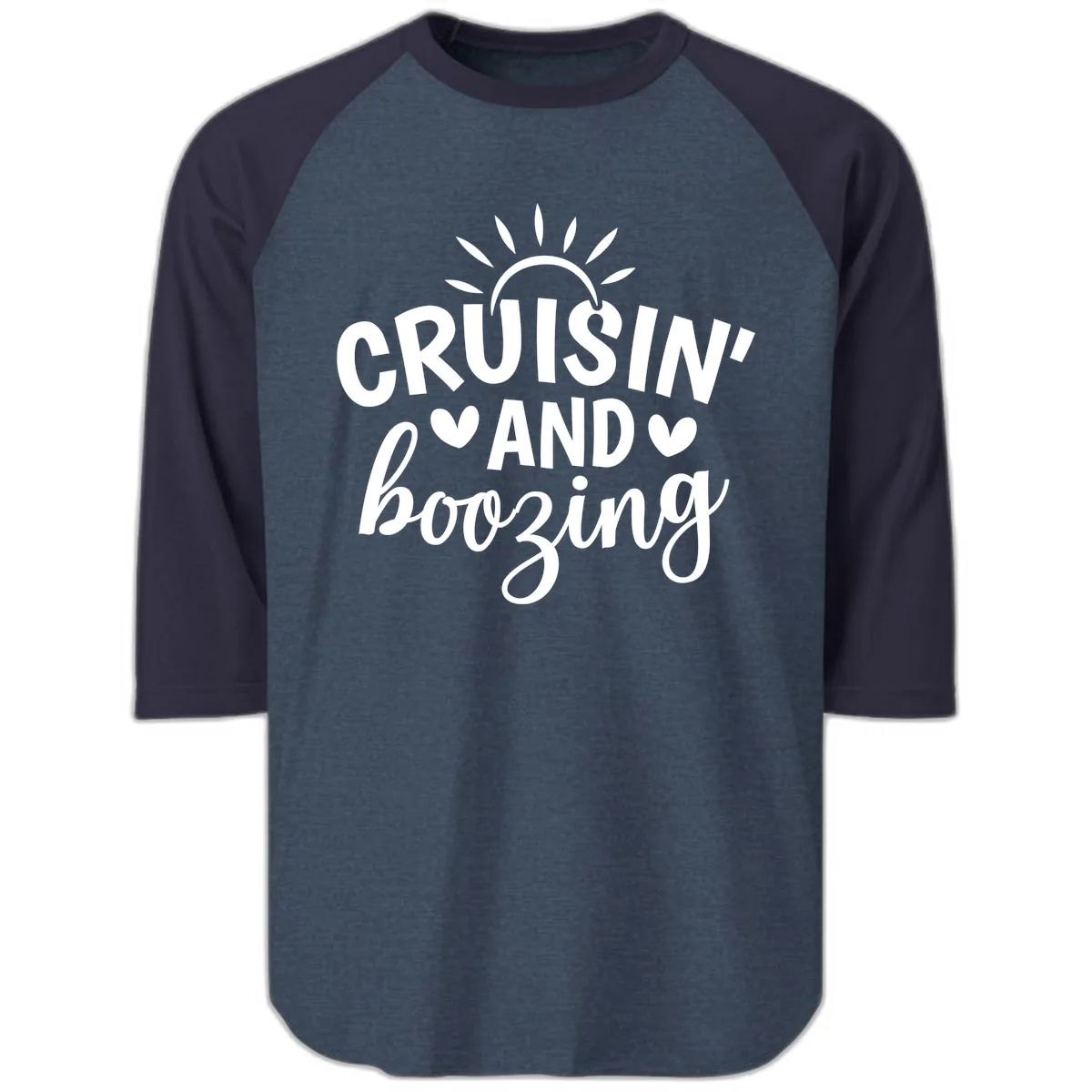 Cruisin And Boozing Sun Design Raglan 3/4 in Heather Denim Navy
