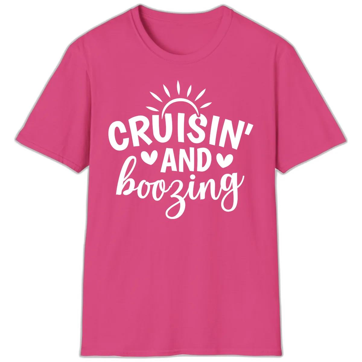 Cruisin And Boozing Sun Design T-Shirt in Heliconia