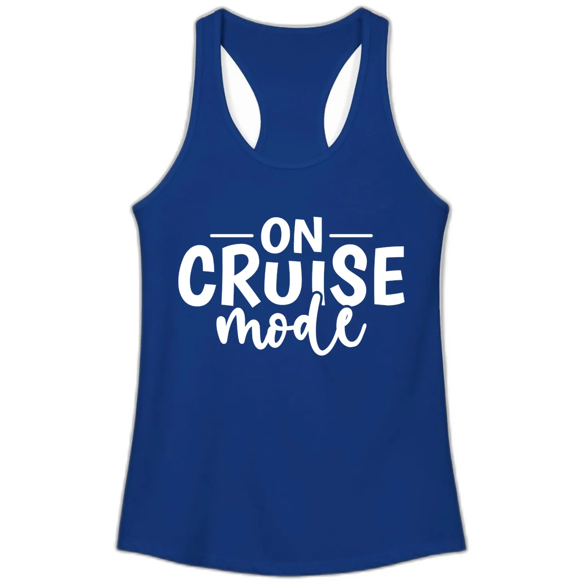 On Cruise Mode Vacation Text Design Ladies Tank in Solid Royal