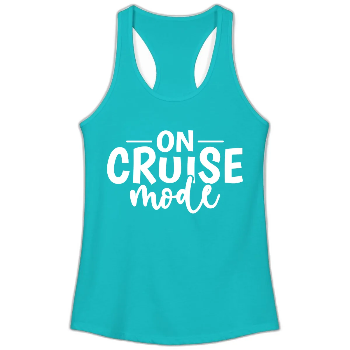 On Cruise Mode Vacation Text Design Ladies Tank in Tahiti Blue
