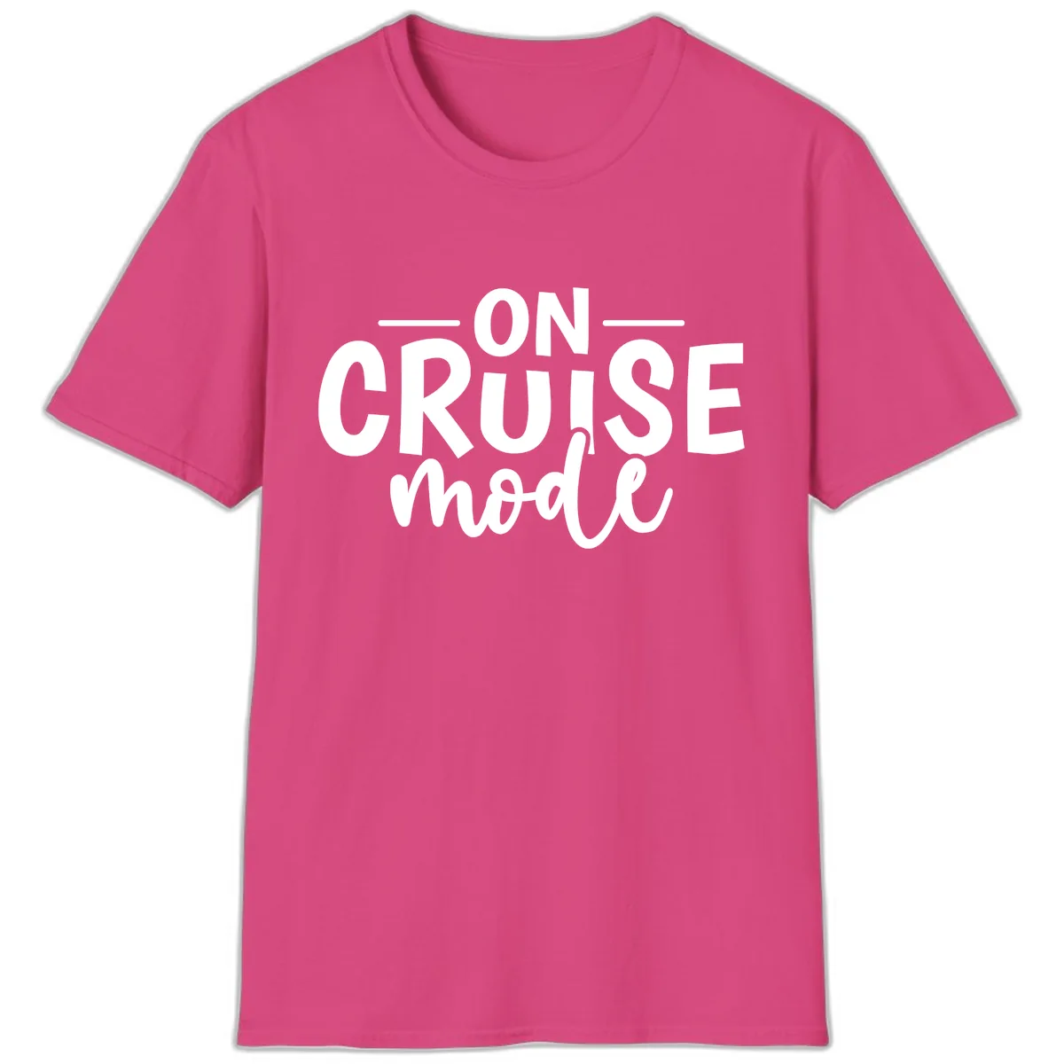On Cruise Mode Vacation Text Design T-Shirt in Heliconia