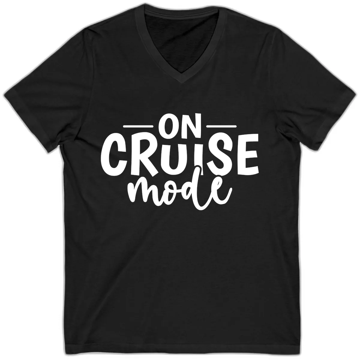 On Cruise Mode Vacation Text Design V-Neck in Black
