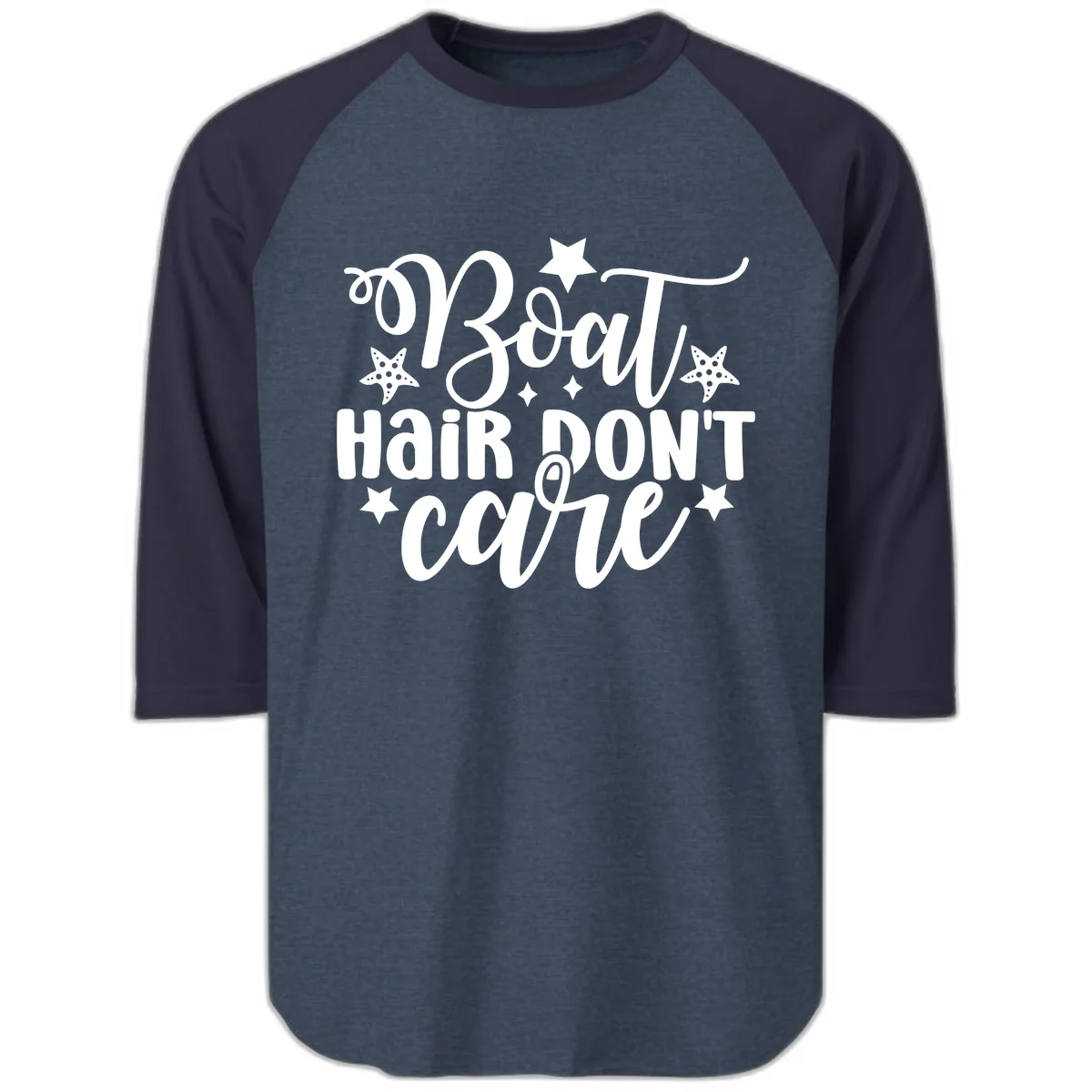 Boat Hair Don't Care Slogan Raglan 3/4 in Heather Denim Navy