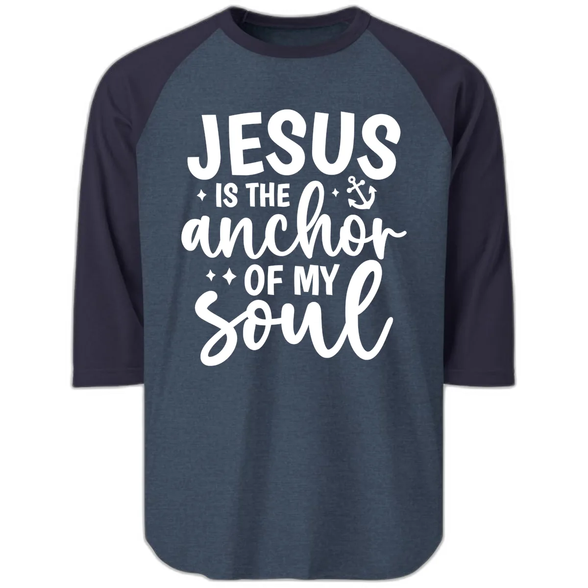 Jesus Is The Anchor Of My Soul Raglan 3/4 in Heather Denim Navy