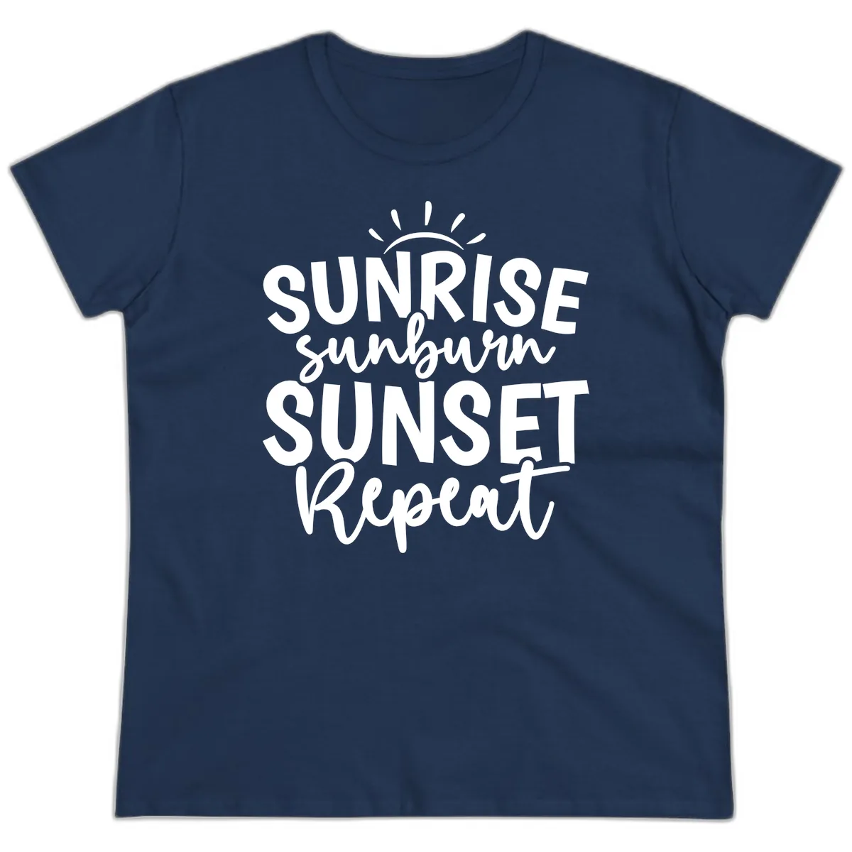 Sunrise Sunburn Sunset Repeat Ladies Tee in Navy