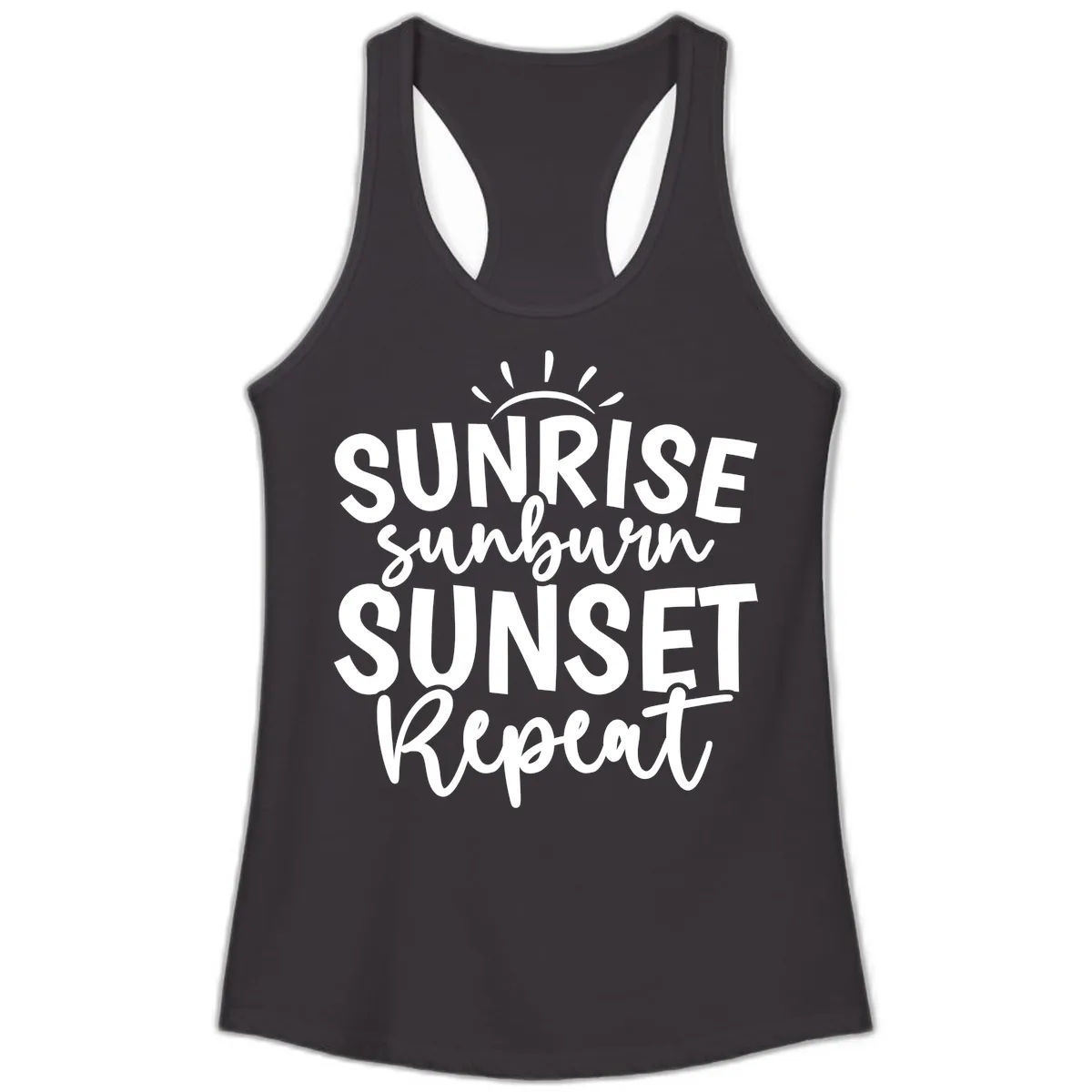 Sunrise Sunburn Sunset Repeat Ladies Tank in Black