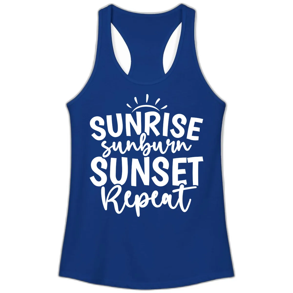 Sunrise Sunburn Sunset Repeat Ladies Tank in Solid Royal