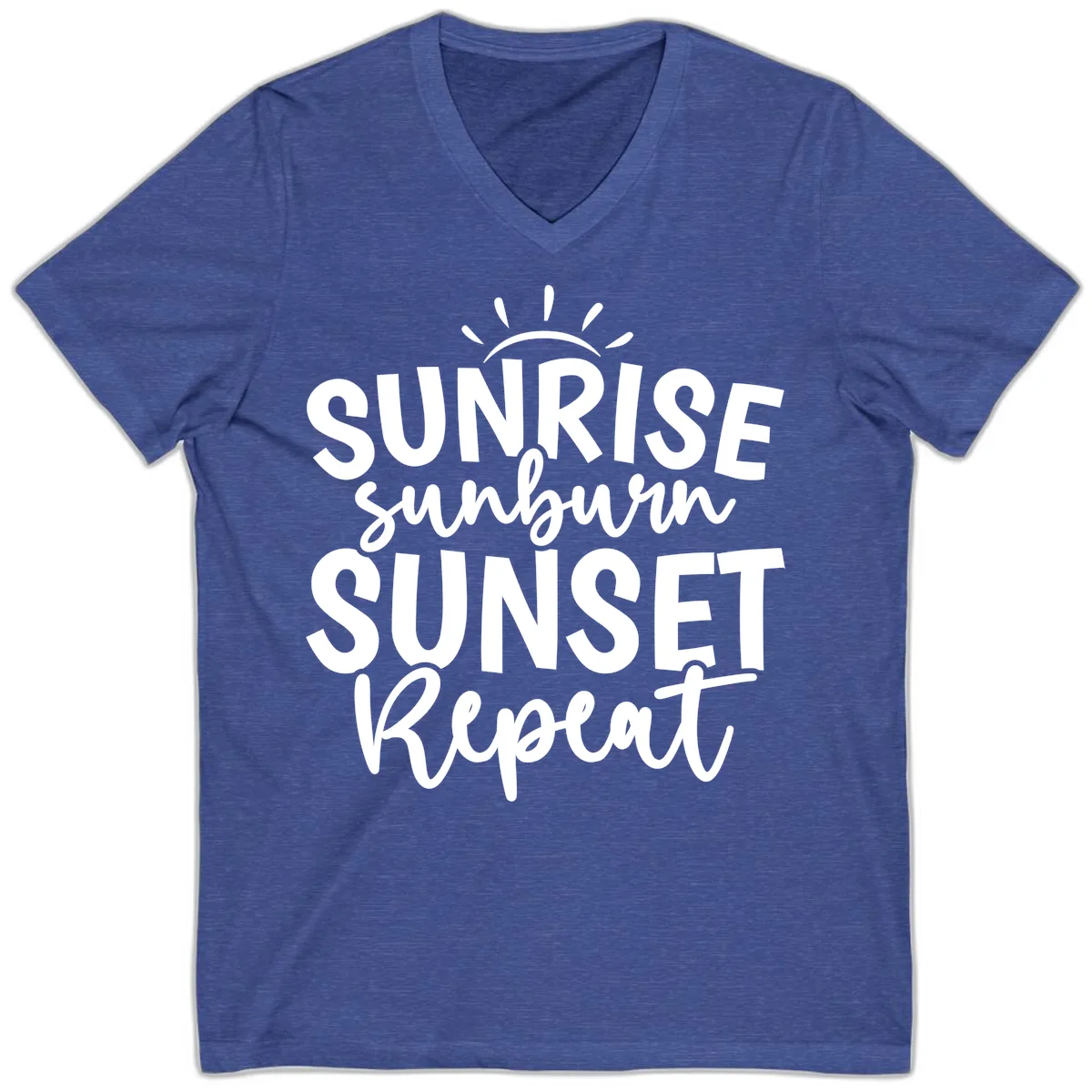 Sunrise Sunburn Sunset Repeat V-Neck in Heather True Royal