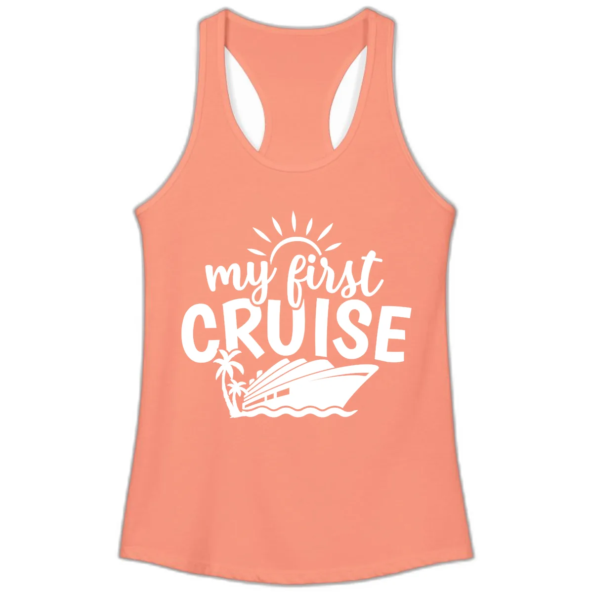 My First Cruise Palm Tree Design Ladies Tank in Solid Light Orange