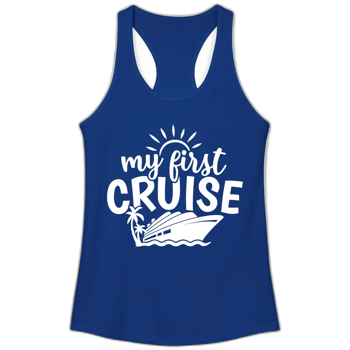 My First Cruise Palm Tree Design Ladies Tank in Solid Royal