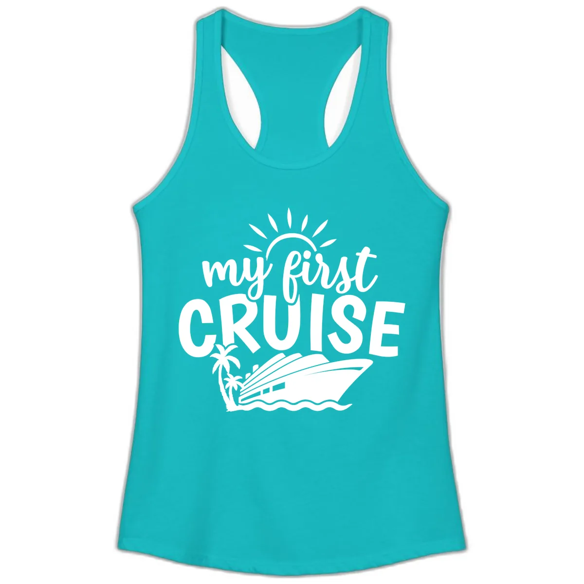 My First Cruise Palm Tree Design Ladies Tank in Tahiti Blue