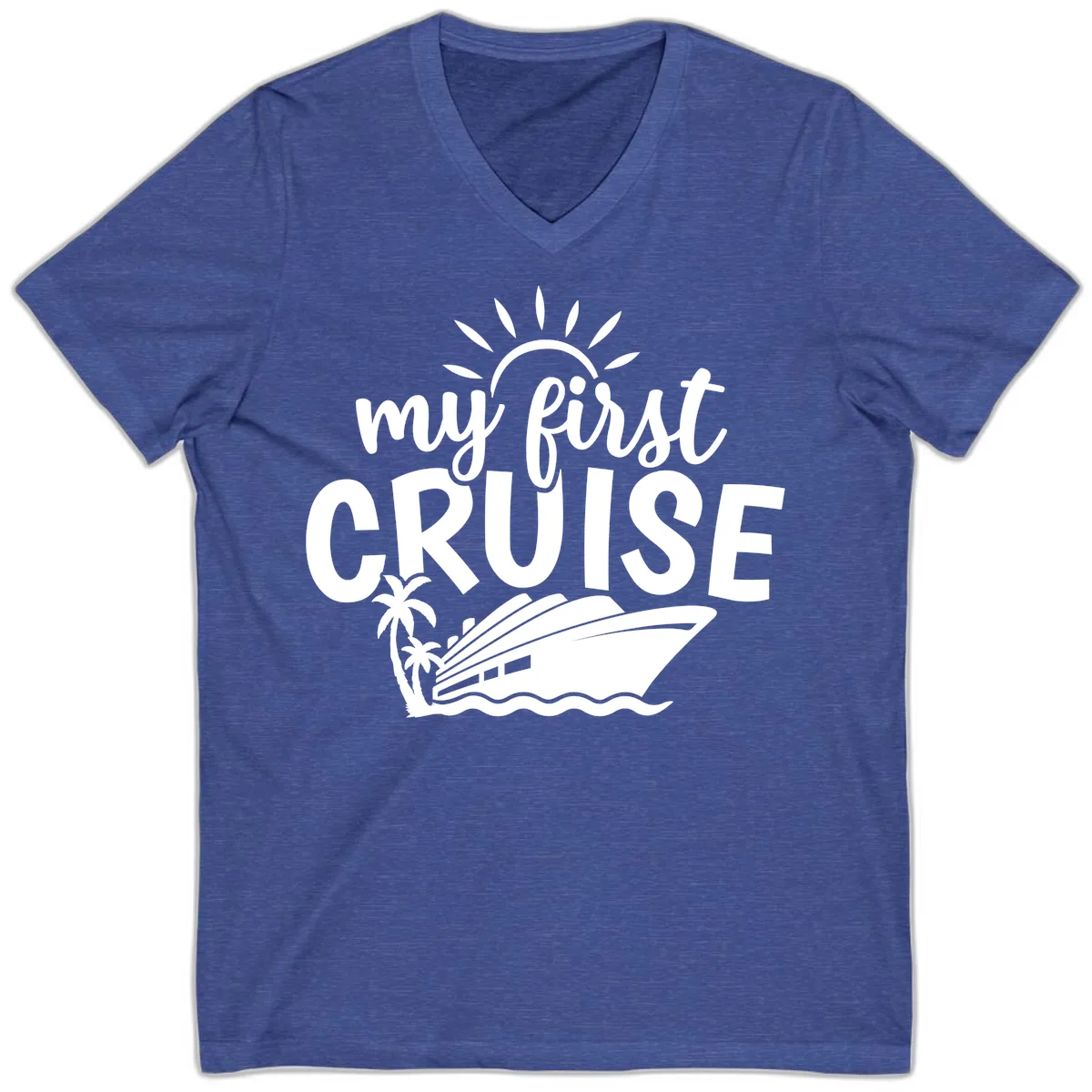 My First Cruise Palm Tree Design V-Neck in Heather True Royal