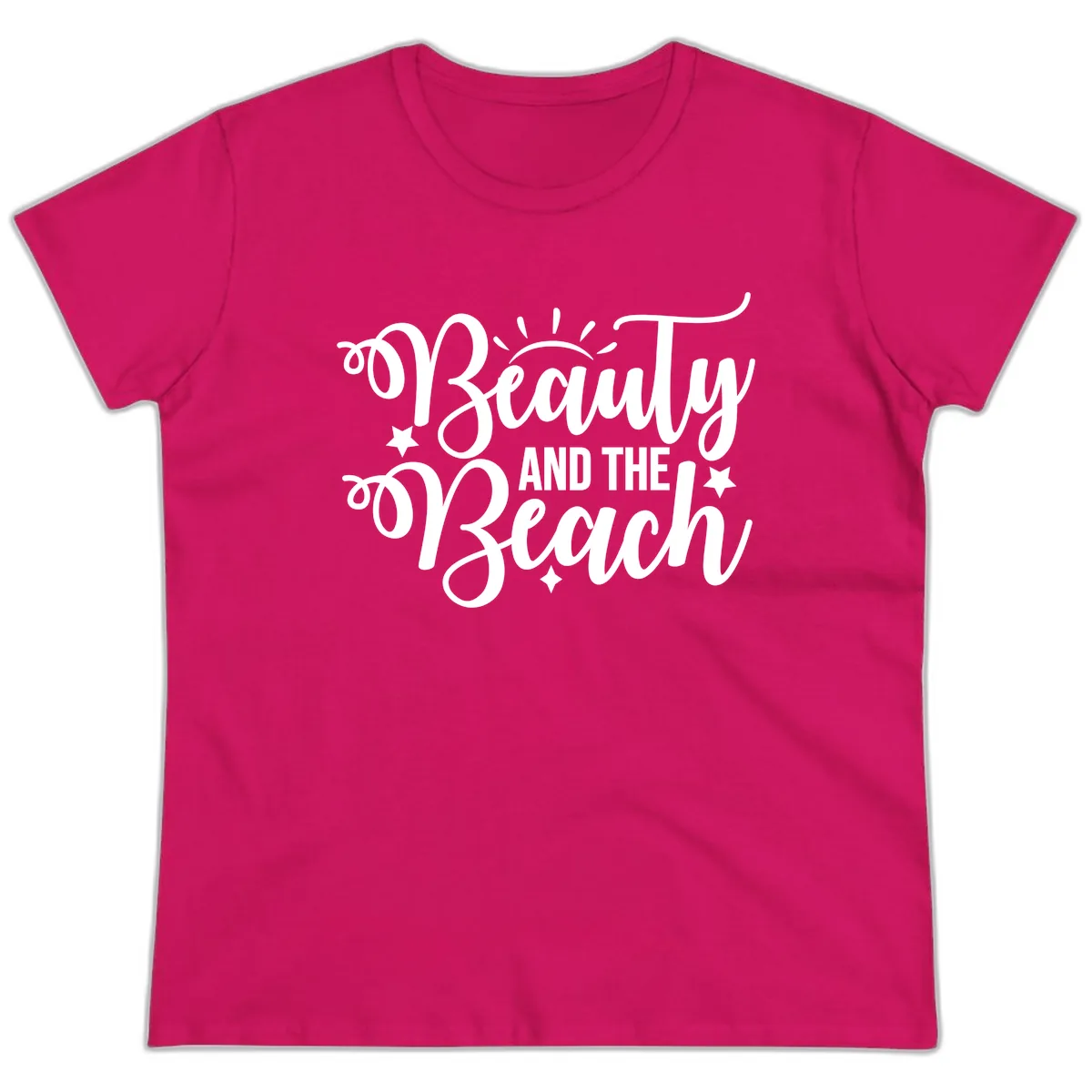 Beauty And The Beach Slogan Design Ladies Tee in Heliconia